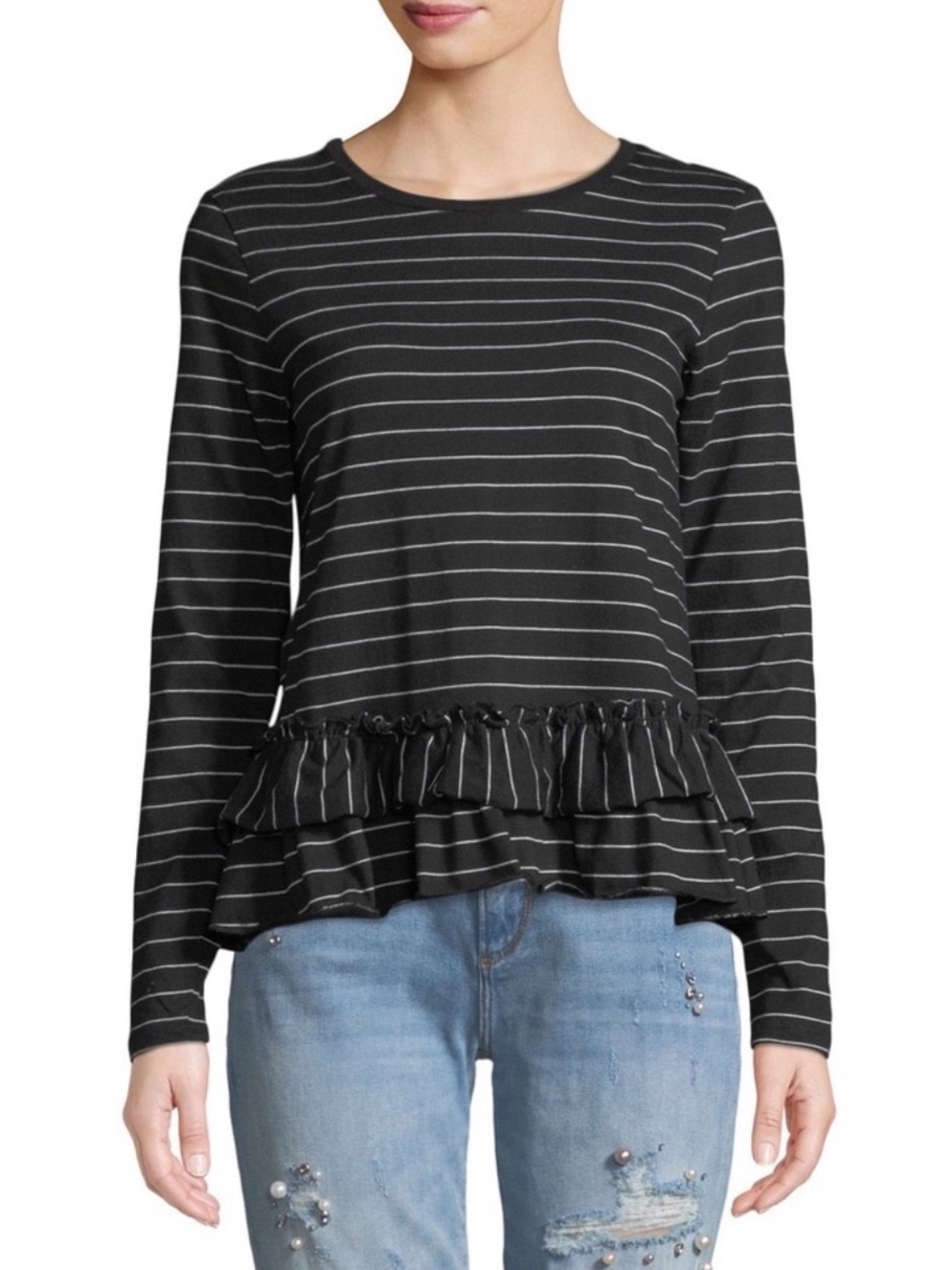 Free Generation | Striped Ruffled Peplum Long Sleeve Popover Shirt